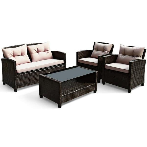 Clihome 4-Piece Wicker Outdoor Patio Conversation Set Rattan Furniture Set with Beige Cushions and Tempered Glass Coffee Table