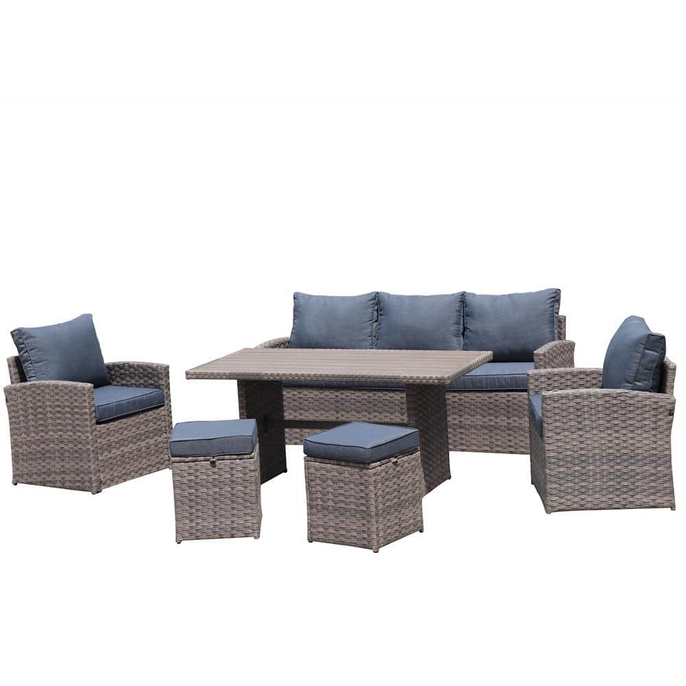 6-Piece Wicker Patio Conversation Set with Blue Cushion and Ottoman