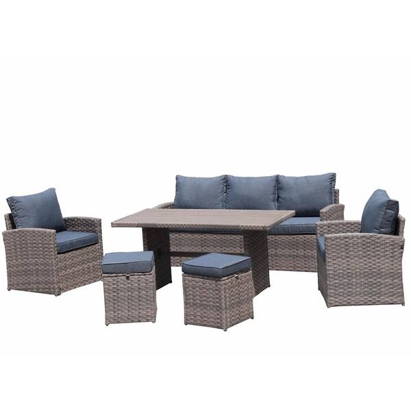 Unbranded 6-Piece Wicker Patio Conversation Set with Blue Cushion and Ottoman