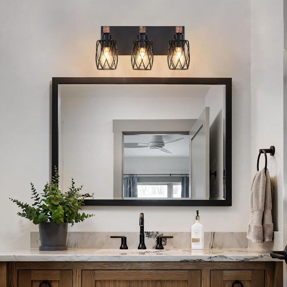 18 in. 3-Light Black Industrial Wall Sconce with Metal Cage Shades, Walnut Wood Accents and Hardwired Wall Mount Design price history on PriceWatchPro