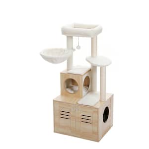 Medium to Large Cat Wood Cat Condo with Litter Box Included-Modern Cat Tree Beige
