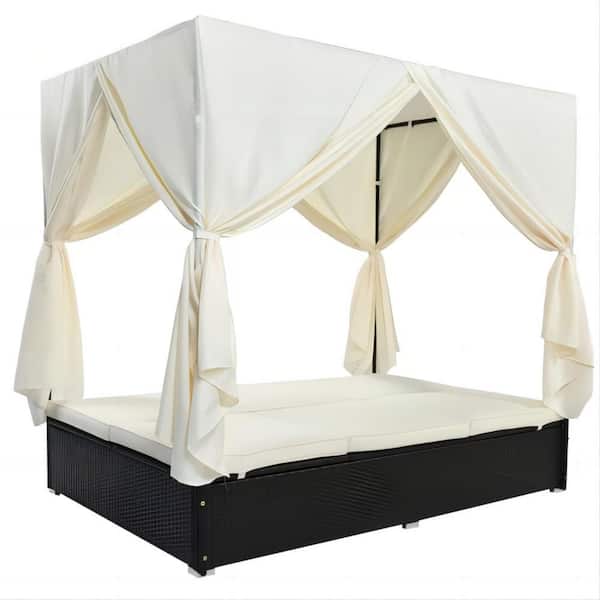Clihome Wicker Outdoor Patio Adjustable Seats Sunbed Day Bed with Beige Cushions
