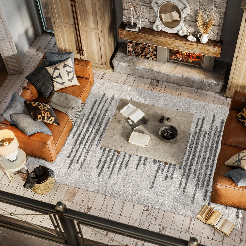 Aya 8' x 10' Gray and Cream Synthetic Stripe Area Rug