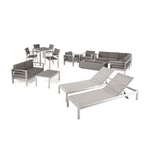 Cape Coral Silver 16-Piece Aluminum Patio Fire Pit Seating Set with Khaki Cushions