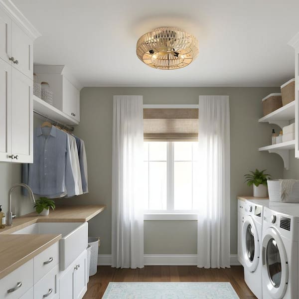 22 in. Indoor Flush Mount Black Boho Style Ceiling Fan with Light Kit, Remote Control, Rattan Accents