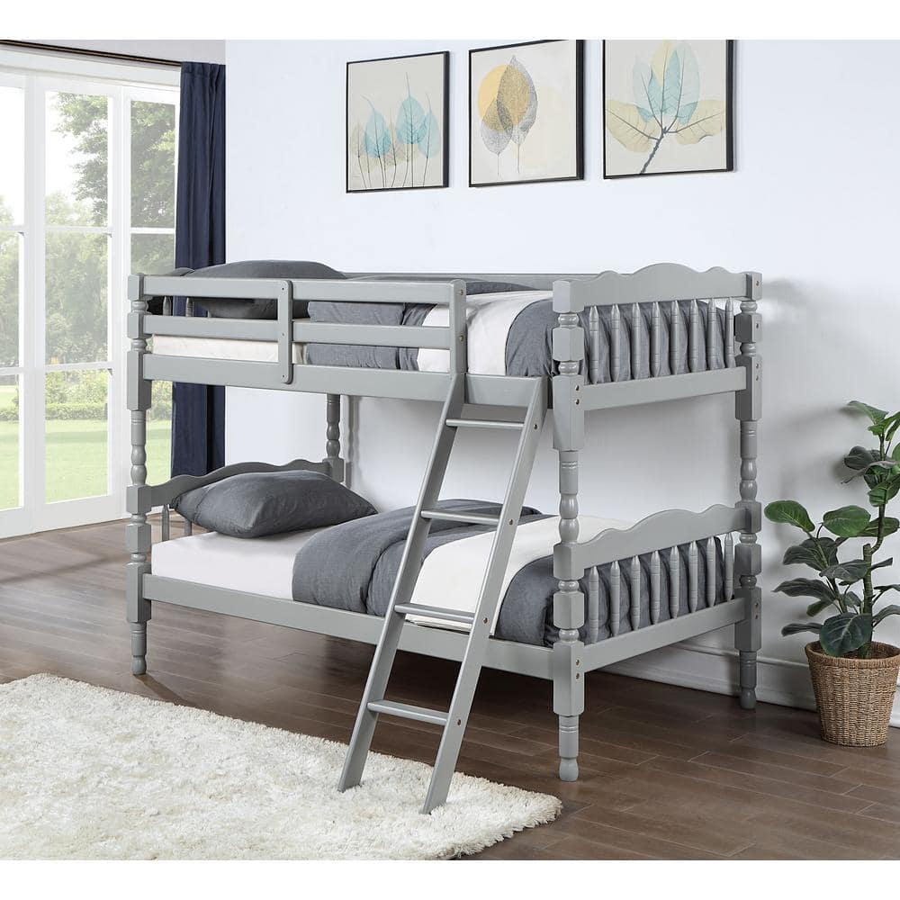 ANBAZAR Gray Twin over Twin Size Wood Bunk Bed with Headboard and ...