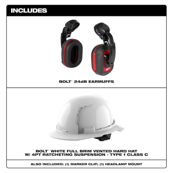 BOLT Earmuffs with Noise Reduction Rating of 24 dB with BOLT White Type 1 Class C Full Brim Vented Hard Hat