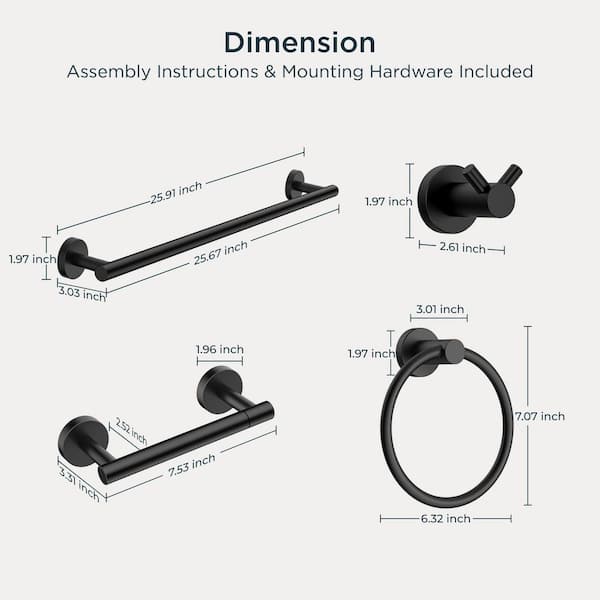 4-Piece Bath Hardware Set Included 24 in. Towel Bar, Towel Ring, Toilet Paper Holder and Towel Hooks in Matte Black