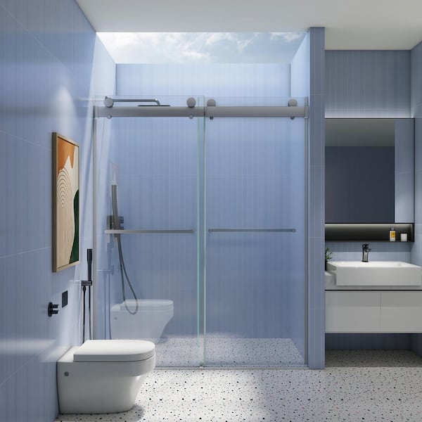 Staykiwi 56 in. to 60 in. W x 76 in. H Double Sliding Frameless So Ft-Close Shower Door in Chrome with Tempered Glass