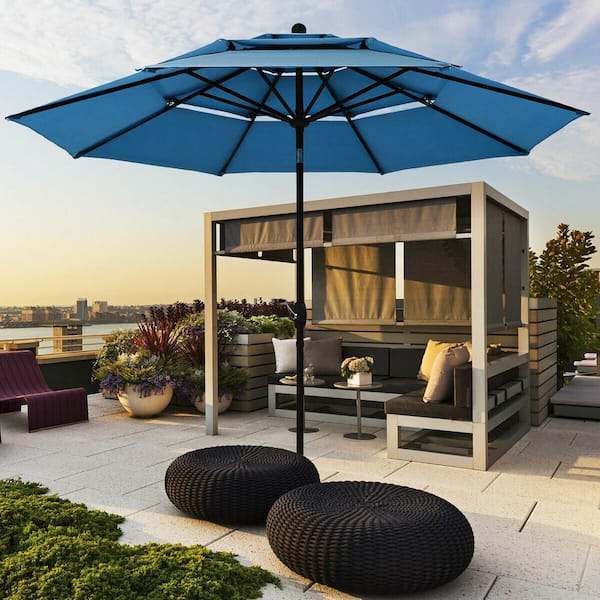 FORCLOVER 10 ft. 3-Tier Aluminum Market Patio Umbrella with with Double Vented in Blue