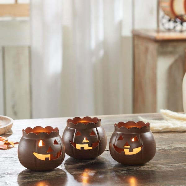 VHC BRANDS 3 in. Bronze Jack-O-Lantern Halloween Candle Holder