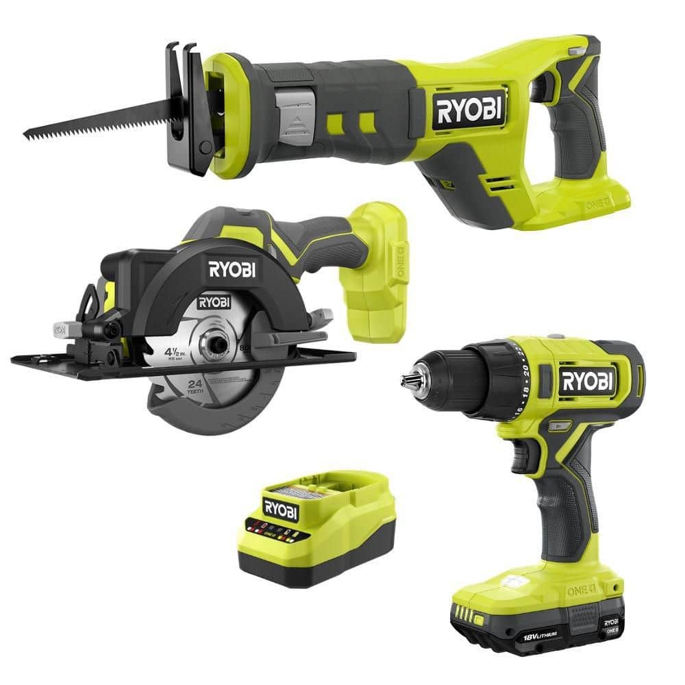 Ryobi ONE+ 18V Cordless 1/2 in. Drill/Driver Kit w/ ONE+ 18V Cordless Reciprocating Saw, & ONE+ 18V Cordless 1/4 Sheet Sander