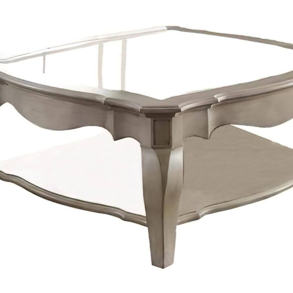 Antique Brown Square Wood & Glass Coffee Table with Storage Shelf