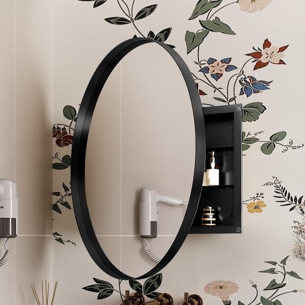 31.5 in. W x 31.5 in. H Round Black Framed Wall Surface Mount Medicine Cabinet with Mirror