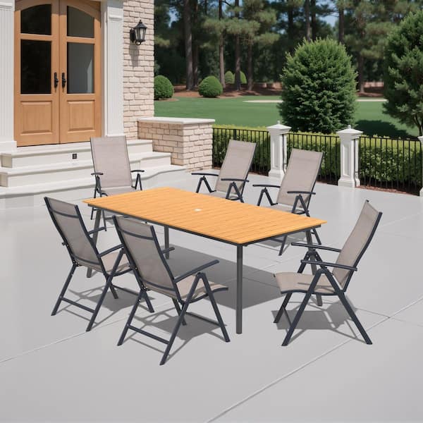 Crestlive Products 7-Piece Metal Outdoor Dining Set with 70.8 in. Faux Wooden Table in Brown and Foldable Chairs in Espresso