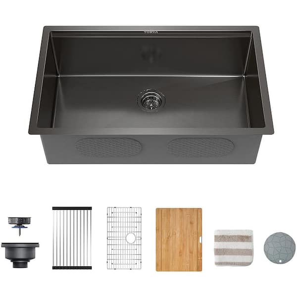 Amucolo 32 in. Workstation Undermount Single Bowl 16 Gauge Gloss Black Stainless Steel Kitchen Sink with Accessories