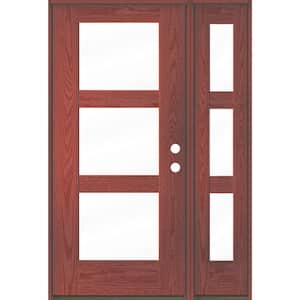 BRIGHTON Modern 50 in. x 80 in. 3-Lite Left-Hand/Inswing Clear Glass Redwood Stain Fiberglass Prehung Front Door w/RSL