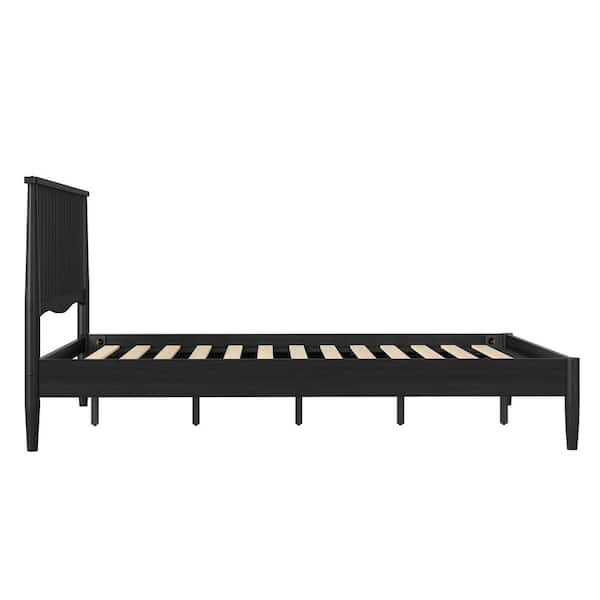 Mid-Century Modern Black Wood Frame Queen Platform Bed with Windsor Headboard Panel Bed