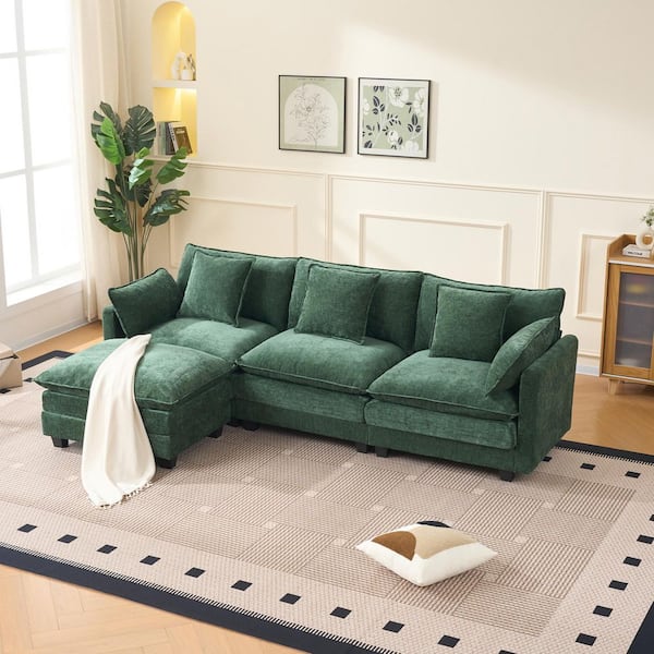Hannah 102 in. Polyester Upholstery L-Shaped Sectional Sofa in Dark Green with Storage Ottoman