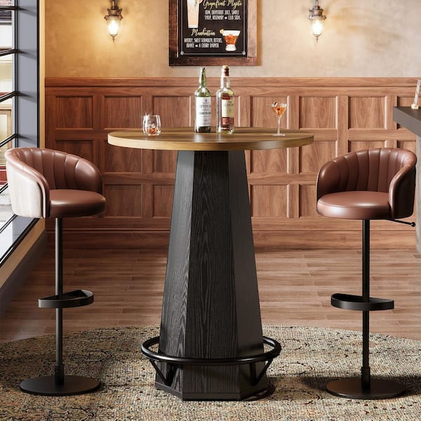 Kearsten 39.4 in. H Rustic Brown & Black Round Bar Table, Bistro Pub Table with Metal Ring Footrest