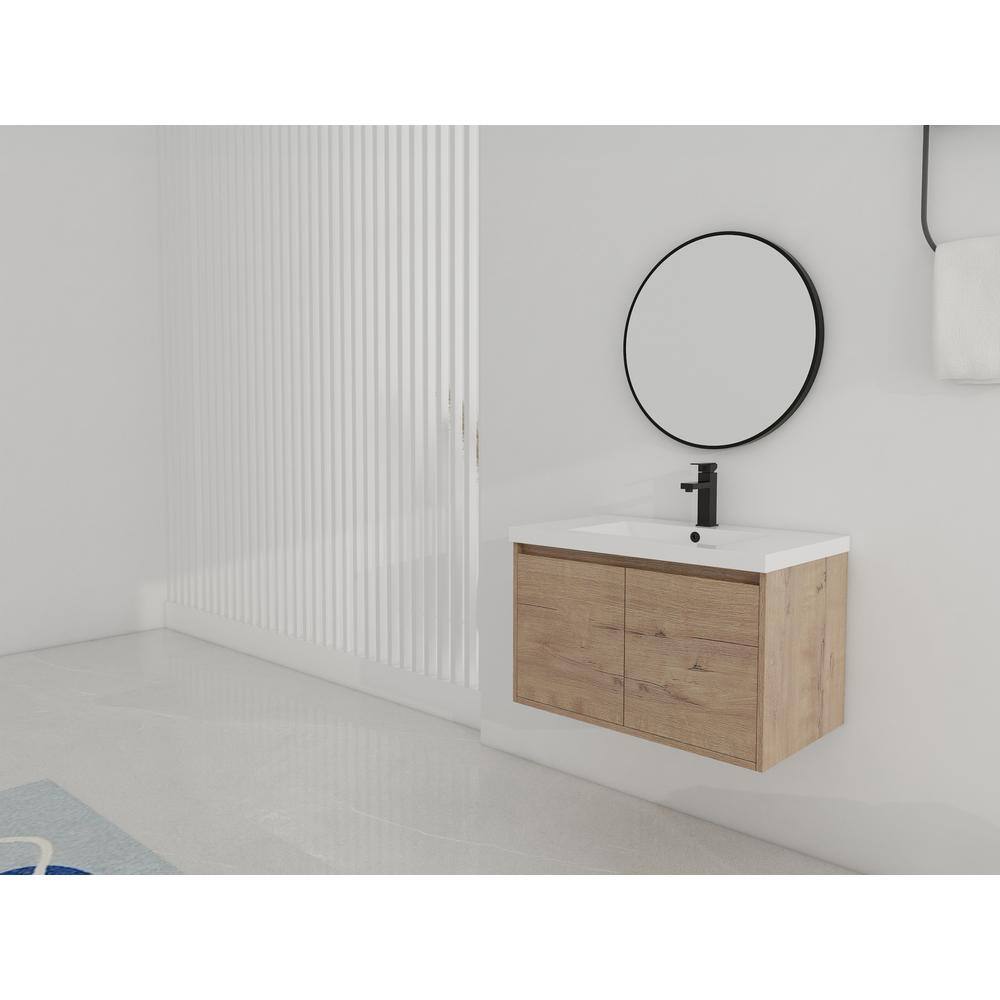 Natural Wood Brown Wall-Mount Vanity with White Gel-Coat Top