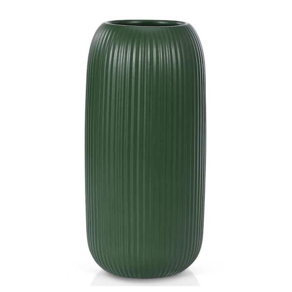 8 in. Green Ceramic Bottle Decorative Vase, Modern Small Ribbed Textured Flower Vase for Home Decor LSYF6R6