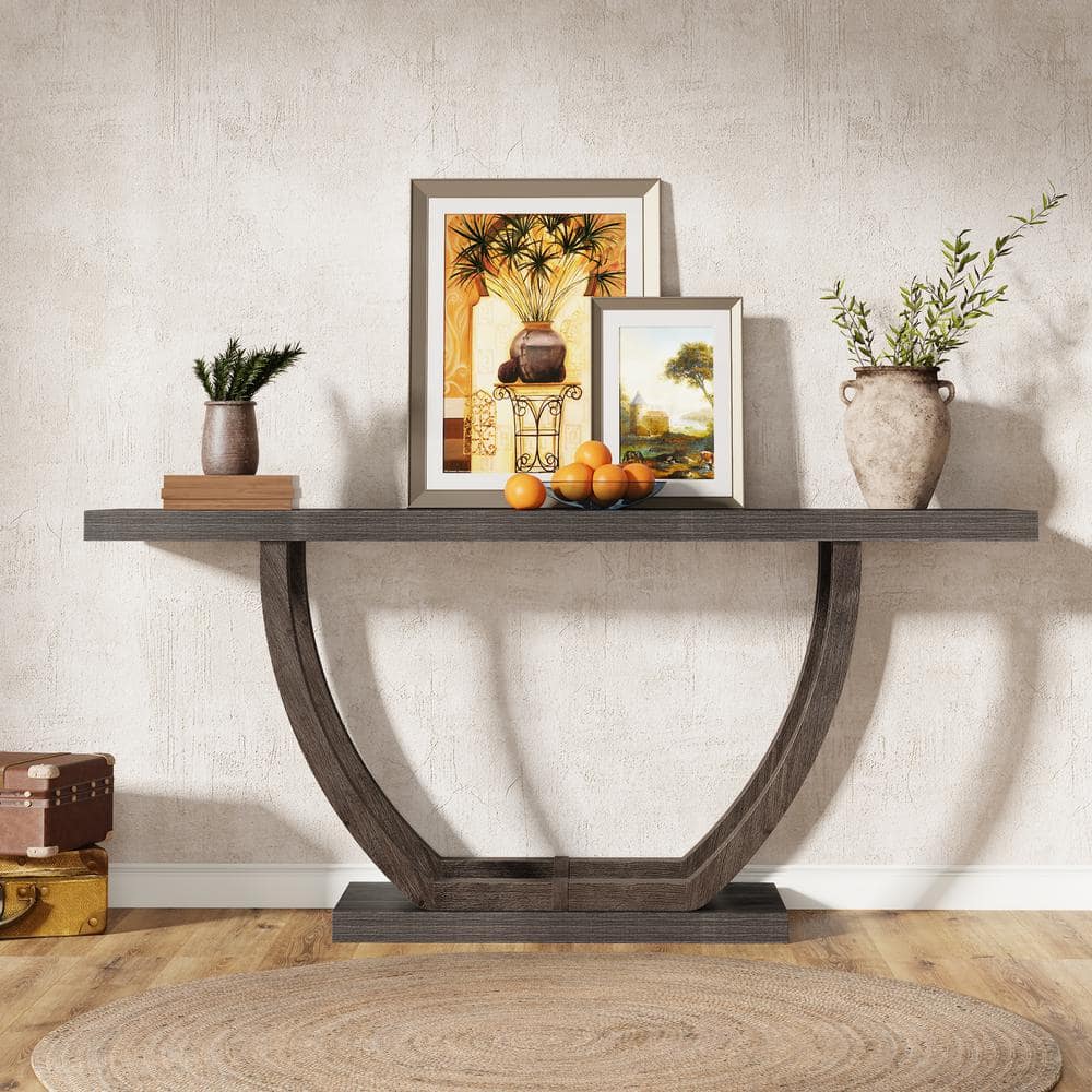 Gray 63-Inch Farmhouse Wood and Metal Console Table with Storage