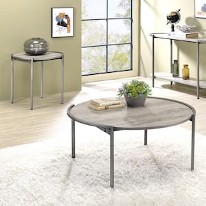 Elosi 37 in. 2-Piece Light Gray and Brushed Gun Metal Oval Wood Coffee Table Set