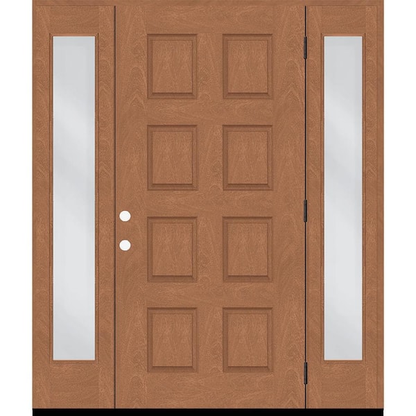 Steves & Sons Regency 74 in. x 96 in. 8-Panel LHOS AutumnWheat Stain Mahogany Fiberglass Prehung Front Door with Dbl 14 in. Sidelites