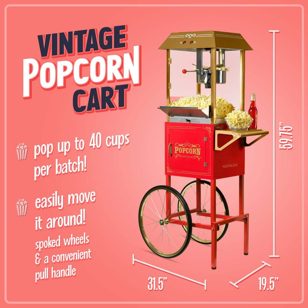 Vintage Red and Gold Hot Oil Popcorn Machine with Cart