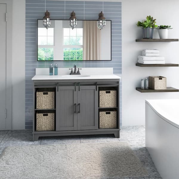 Twin Star Home 49 In W X 22 D 37 88 H Single Bath Vanity Gray With White Marble Top And Sliding Barn Door 48bv34004 Pg22 - 48 Inch Farm Style Bathroom Vanity
