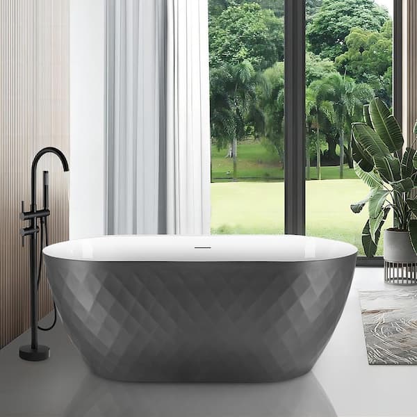 UPIKER Luxurious 59 in. x 28 in. Gray Acrylic Double Slipper Soaking Bathtub with Center Drain in Stainless Steel
