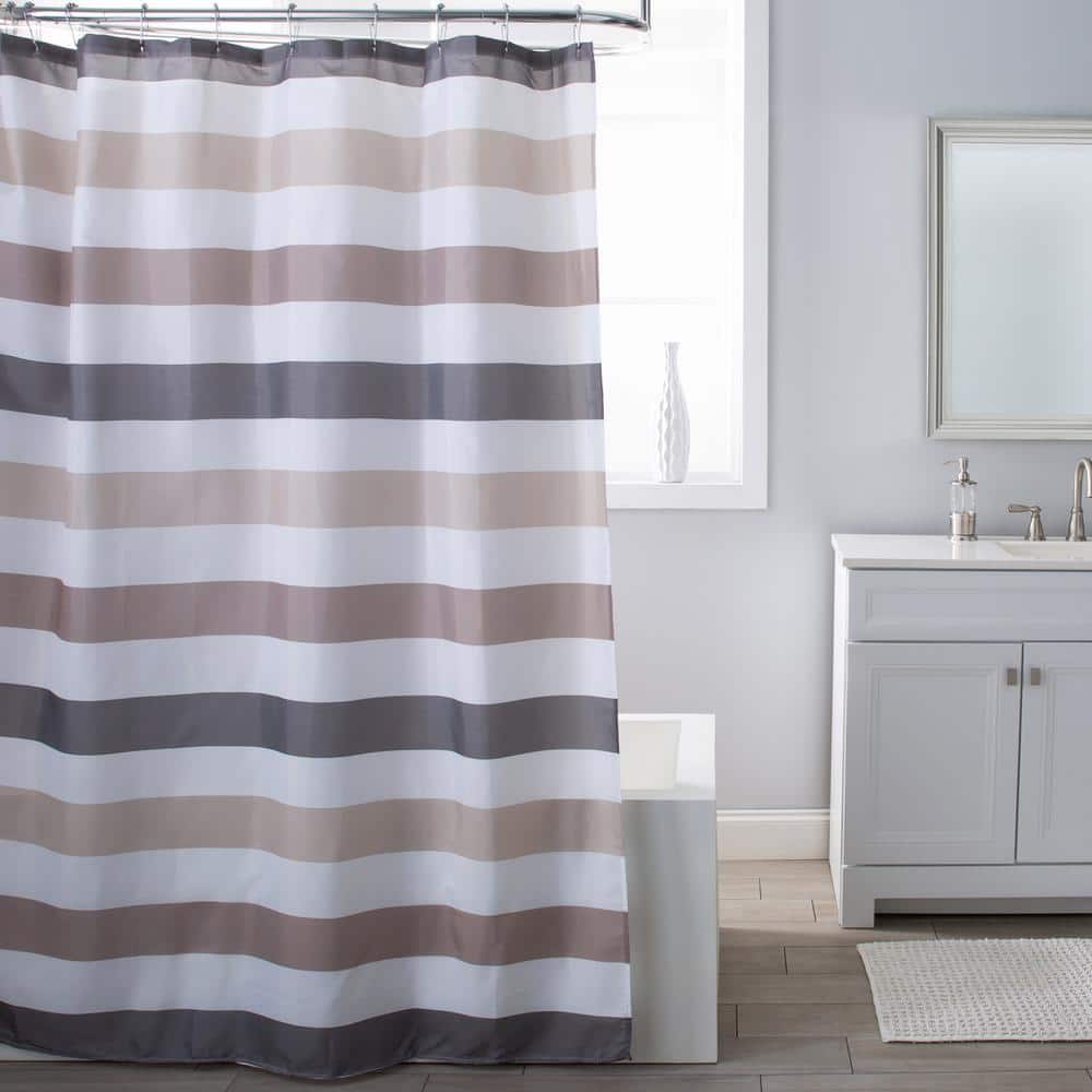 Standard Size White and Brown Polyester Eyelet Shower Curtain