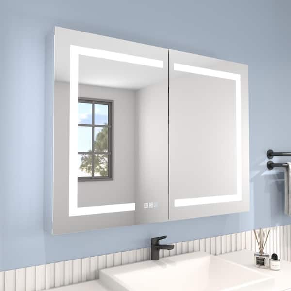 ExBrite 40 in. W x 30 in. H Rectangular Silver Aluminum Recessed/Surface Mount Dimmable Medicine Cabinet with Mirror