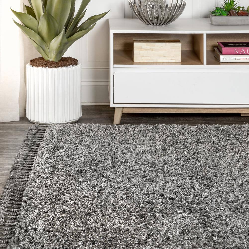 Charcoal Reversible Rectangular Shag Area Rug with Tassels