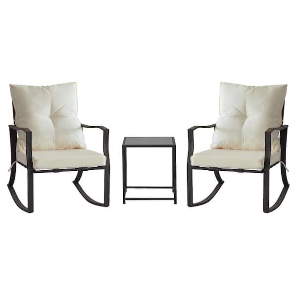 Cesicia 3-Piece Metal Rocking Outdoor Bistro Set with Beige Cushions, Patio Steel Conversation with Glass Coffee Table and