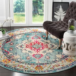 Monaco 7 ft. x 7 ft. Light Blue/Fuchsia Round Border Area Rug