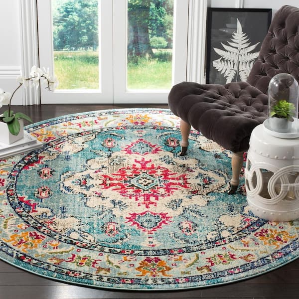 Monaco  9 ft. x 9 ft. Light Blue/Fuchsia Round Border Area Rug