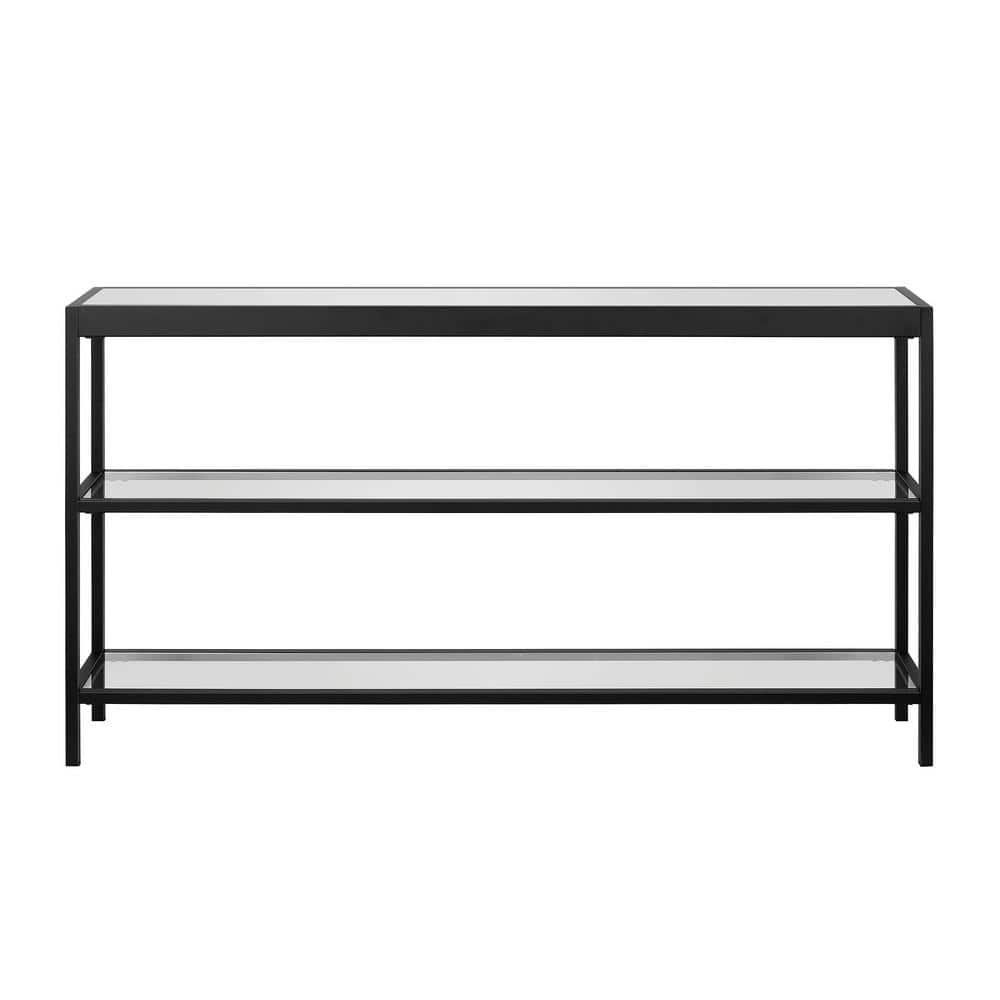 Modern Blackened Bronze and Glass Console Table with Dual Shelves
