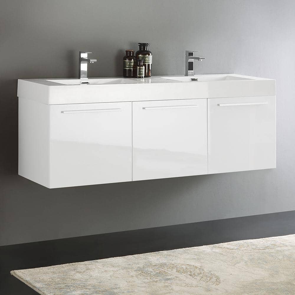 Vista 60'' Glossy White Wall Mounted Double Bathroom Vanity with Acrylic Top