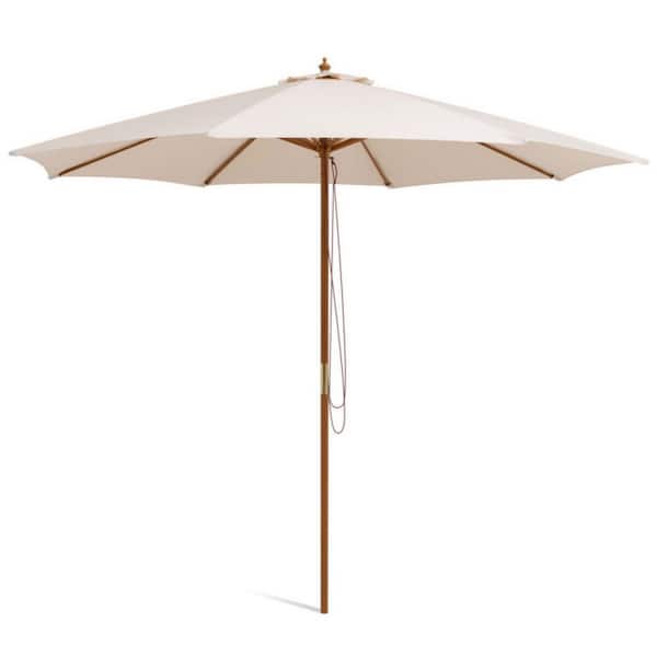 10 ft. Wooden Market Patio Umbrella in Beige with Adjustable Heights
