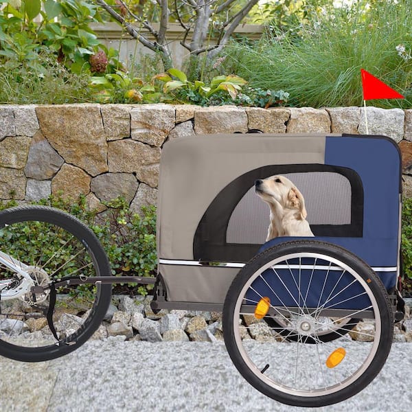 Dog Bike Trailer Breathable Mesh Dog Cart 3 Entrances, Safety Flag 8 Reflectors Folding Pet Carrier Wagon Blue and Grey