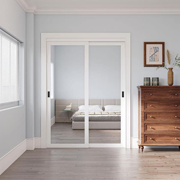 72 in. x 80 in. Solid Core 1-Lite Mirror White Primed MDF Interior Closet Sliding Door with Hardware