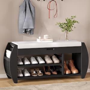 Black 18.3 in. H Storage Bench with Cushion and Curved Side Panel