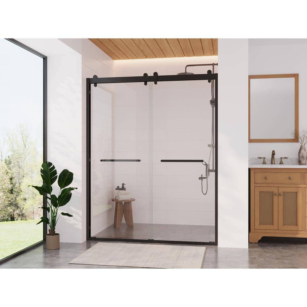 Matte Black Frameless Double Sliding Shower Door with Clear Glass