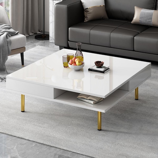 Harper & Bright Designs White 33.4 in. Exquisite High Gloss Square Particle Board Coffee Table with Golden Legs, Drawers, Open Storage Shelves