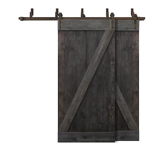 76 in. x 84 in. Z Bar Bypass Charcoal Black Stained Solid Pine Wood Interior Double Sliding Barn Door with Hardware Kit