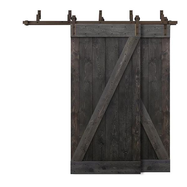 CALHOME 80 in. x 84 in. Z-Bar Bypass Charcoal Black Stained DIY Solid Wood Interior Double Sliding Barn Door with Hardware Kit
