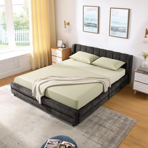 Troy Dark Gray Wood Frame Queen Size Platform Bed with Chenille Fabric Upholstered Headboard, Drawers