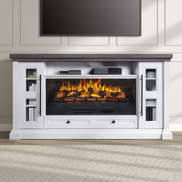 74 in. Fireplace Console-Pure White Finish and Medium Brown Oak Top